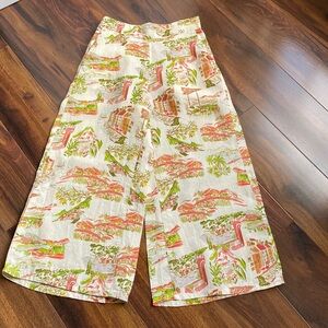 Cynthia Rowley 100% Linen Mediterranean Wide Leg Crop Pull On Pants